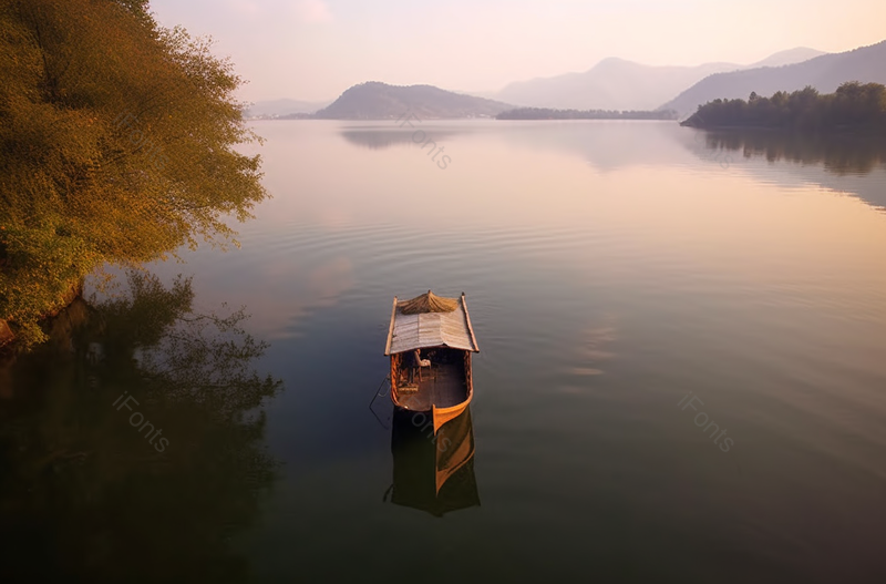 黄色黄昏傍晚湖面一只小船游玩风景背景,高清,摄影图,摄影图片,图片大全,摄影图免费下载